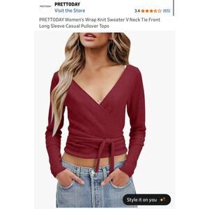 PRETTODAY Wrap Knit Sweater V Neck Tie Front Pink